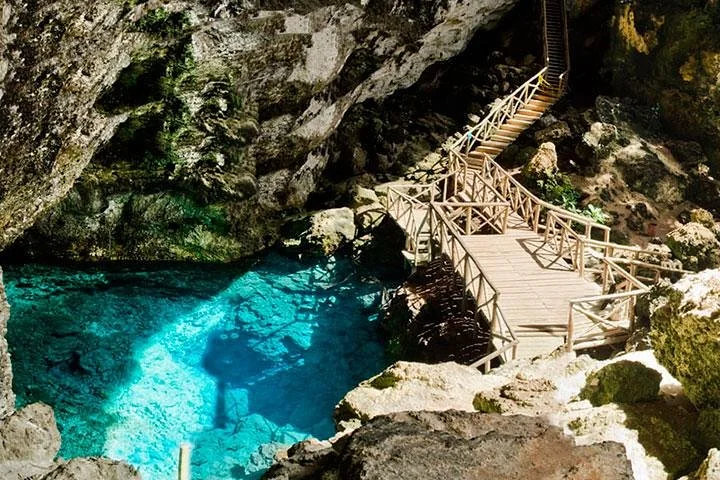 A wooden staircase leading down to the cenote water