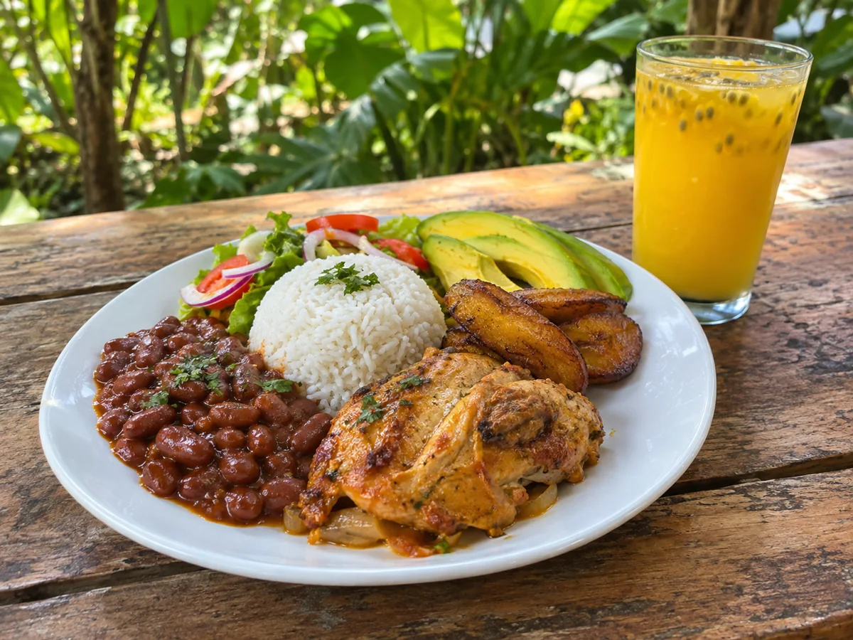 Dominican lunch plate with rice, beans and chicken