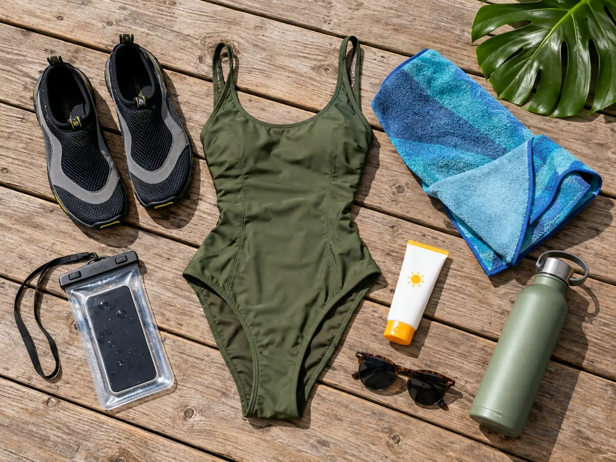 Water shoes, swimsuit, towel and sunscreen laid out on a deck